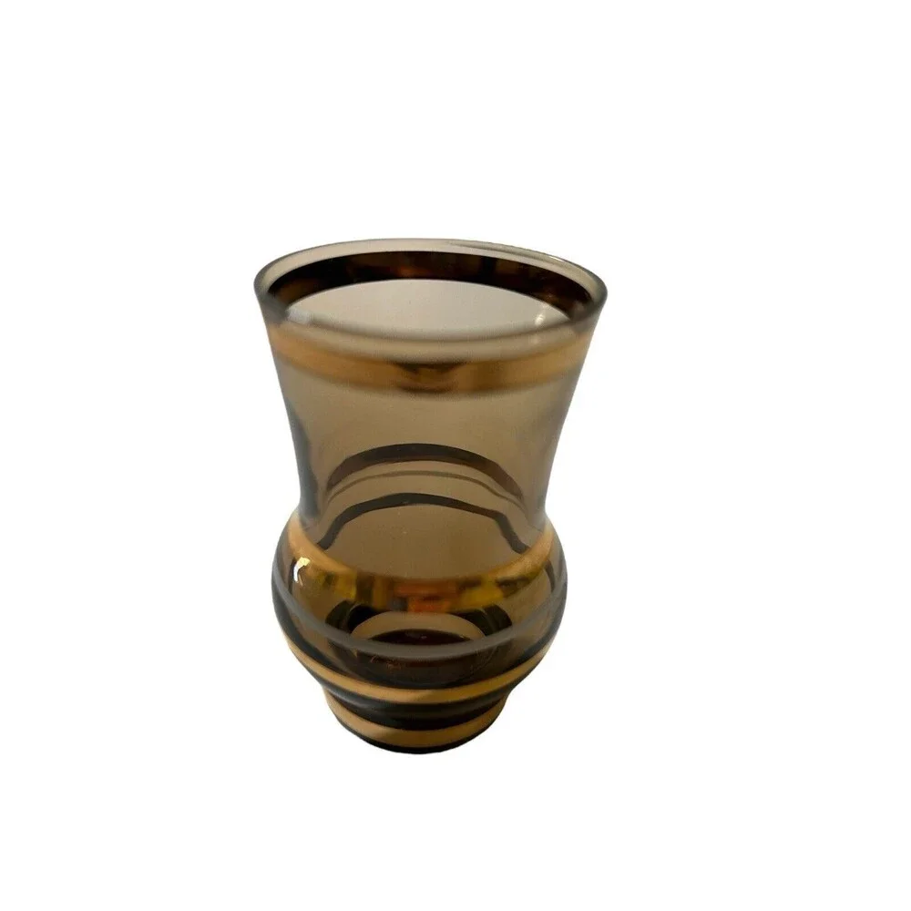 VINTAGE MCM BOHEMIAN SMOKE GLASS DECANTER WITH 6 GLASSES GOLD TRIM DESIGN